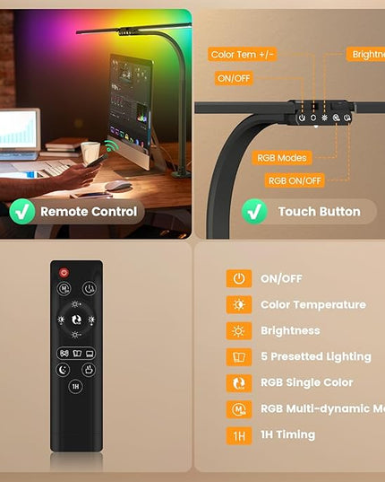 Upgraded LED Desk Lamp for Home Office with RGB, Rotatable Computer Desk Light with Remote, Eye Caring Table Lamp with Clamp for Study, Dimmable Dual Head Desk Lighting for Monitor PC, 22W - LeafyLoom