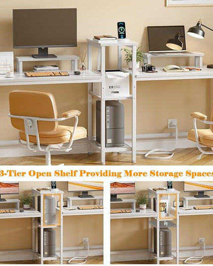 Furologee White 71" Gaming Desk with LED Lights, Long 2 Person Computer Desk with Printer Shelf and Monitor Stand, Double Office Desk with Cloth Bag and Hooks for Home Office (NO Power Outlets) - LeafyLoom