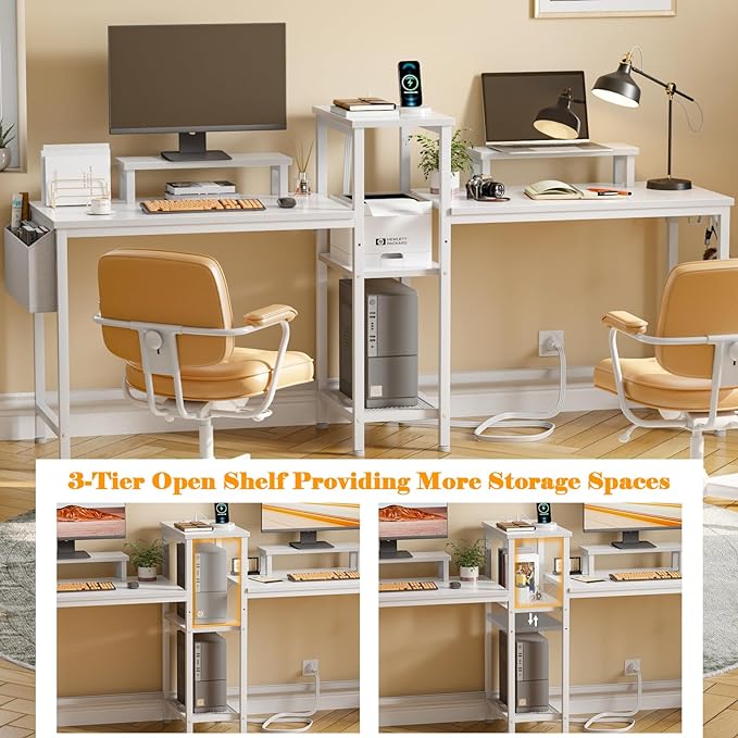 Furologee White 71" Gaming Desk with LED Lights, Long 2 Person Computer Desk with Printer Shelf and Monitor Stand, Double Office Desk with Cloth Bag and Hooks for Home Office (NO Power Outlets) - LeafyLoom