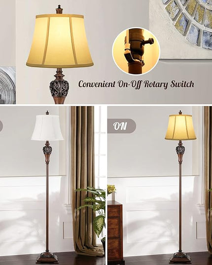 Vintage Floor Lamp for Living Room Traditional Farmhouse Tall Standing Lamp Mid-century Antique Bedroom Pole Lamp with White Fabric Shade Rustic Bright Lighting Elegant Reading Lamp Retro Home Decor - LeafyLoom