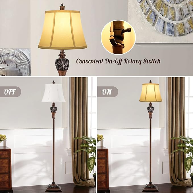 Vintage Floor Lamp for Living Room Traditional Farmhouse Tall Standing Lamp Mid-century Antique Bedroom Pole Lamp with White Fabric Shade Rustic Bright Lighting Elegant Reading Lamp Retro Home Decor - LeafyLoom