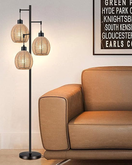 Rattan Floor Lamp for Living Room,Bedroom,Tree 3 Lights Boho Floor Lights Industrial Black Farmhouse Wicker Standing Lamp Rustic Tall Lamp,Woven Bamboo Lamp Shade Floor Lamps Bohemian - LeafyLoom