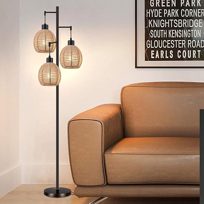 Rattan Floor Lamp for Living Room,Bedroom,Tree 3 Lights Boho Floor Lights Industrial Black Farmhouse Wicker Standing Lamp Rustic Tall Lamp,Woven Bamboo Lamp Shade Floor Lamps Bohemian - LeafyLoom