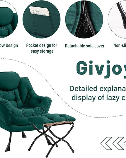 Cozy Lazy Chair and Ottoman, Large Contemporary Accent Lounge Chair Set, Leisure Upholstered Reading Armchair for Bedroom, Living Room, Dorm Rooms, Office - LeafyLoom
