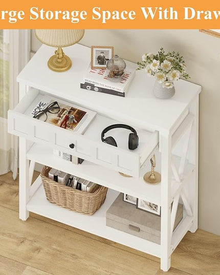 FATORRI Small Bookcase with Drawer, Wood and Metal Bookshelf for Small Space, Short Book Shelf and Low Book Case for Living Room (White Oak) - LeafyLoom