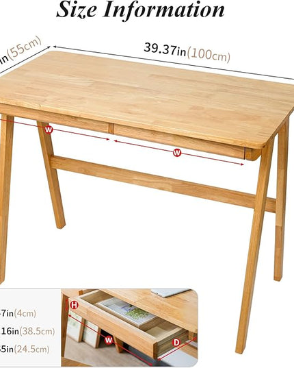 Computer Desk with Drawers, Solid Wood Writing Desk, Mid Century Modern Home Office Desks, Oak Study Table, Small Desk for Bedroom, 29.1 H x 39.4 W x 21.7 D Inches, Natural - LeafyLoom