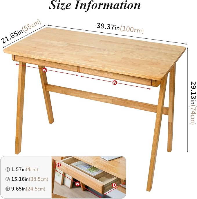 Computer Desk with Drawers, Solid Wood Writing Desk, Mid Century Modern Home Office Desks, Oak Study Table, Small Desk for Bedroom, 29.1 H x 39.4 W x 21.7 D Inches, Natural - LeafyLoom