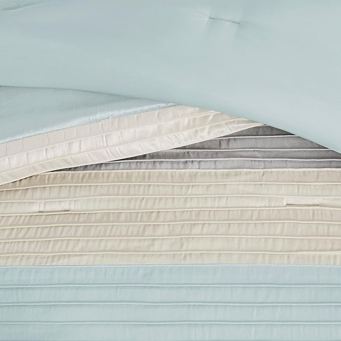 Madison Park Amherst Faux Silk Comforter Set-Casual Contemporary Design All Season Down Alternative Bedding, Matching Shams, Bedskirt, Decorative Pillows, King(104"x92"), Aqua, 7 Piece (MP10-2980) - LeafyLoom