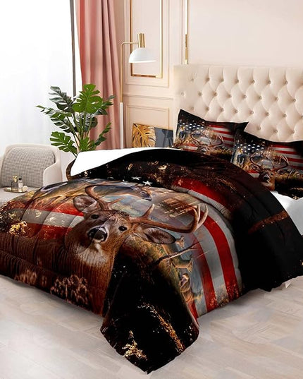 LUVIVIHOME 3PCS Hunting Deer Comforter Set, Camo Comforter, Queen Bed Set, Patriotic American Flag Hunter Woodland Forest Animal Elk Moose Wildlife Cabin Country Rustic Bedding Quilt, 2 Pillow Shams - LeafyLoom