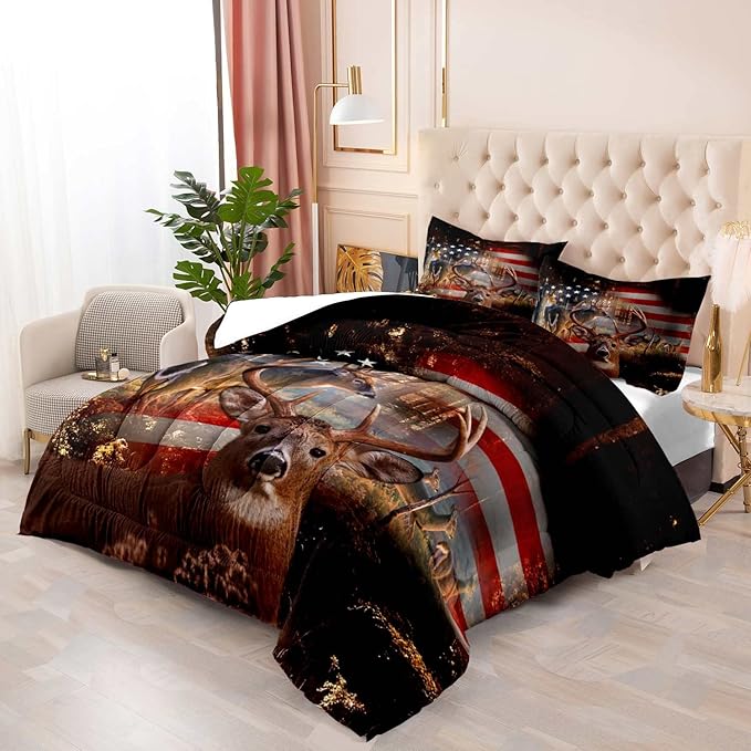 LUVIVIHOME 3PCS Hunting Deer Comforter Set, Camo Comforter, Queen Bed Set, Patriotic American Flag Hunter Woodland Forest Animal Elk Moose Wildlife Cabin Country Rustic Bedding Quilt, 2 Pillow Shams - LeafyLoom