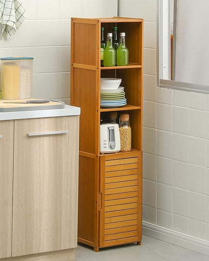 MoNiBloom 5 Tiers Bookshelf Bookcase with Door, Bamboo Narrow Freestanding Cabinet Kitchen Shelf Cupboard Storage Organizer for Home Living Room, Brown - LeafyLoom