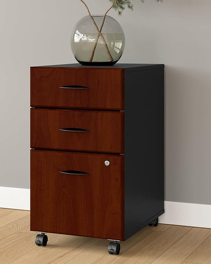 Bush Business Furniture Series A 3 Drawer Mobile File Cabinet in Hansen Cherry & Galaxy - Assembled, Rolling Document Storage for Home or Professional Office - LeafyLoom