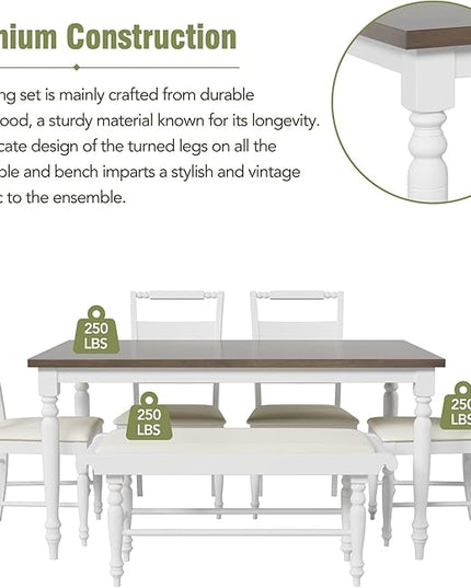 Dining Table Set for 6, 6-Piece Dining Table and Chair Set with Turned Legs,Upholstered Dining Chairs and Bench, Dining Room Table Set for Living Room, White - LeafyLoom