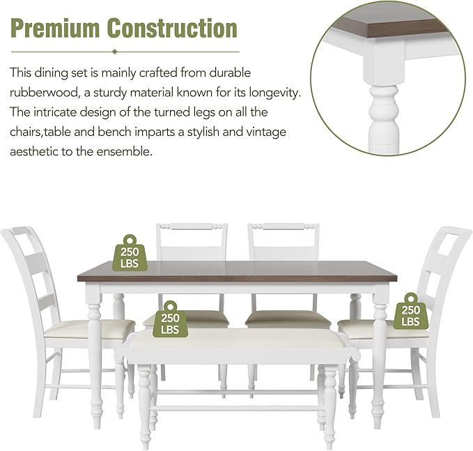 Dining Table Set for 6, 6-Piece Dining Table and Chair Set with Turned Legs,Upholstered Dining Chairs and Bench, Dining Room Table Set for Living Room, White - LeafyLoom