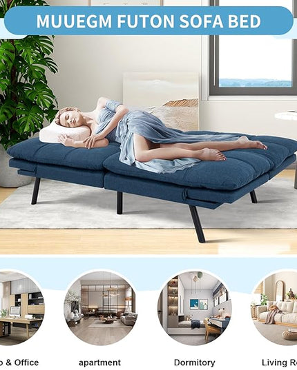 MUUEGM Futon Sofa Bed,Memory Foam Sofa Futon Couch Bed,Convertible 71" Couch Sofa,Faux Leather Sleeper Sofa with Adjustable Backrest for Living Room,Blue - LeafyLoom