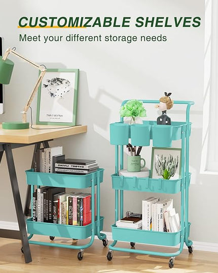 3-Tier Rolling Mobile Utility Cart with Hanging Cups & Hooks & Handle Multifunctional Organizer Storage Trolley Service Cart with Wheels Easy Assembly for Office, Bathroom, Kitchen (Blue) - LeafyLoom