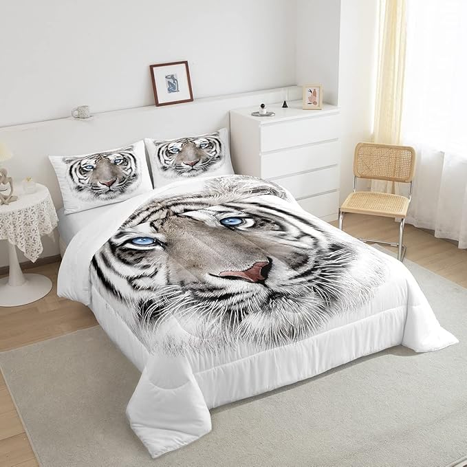 Erosebridal Boys Tiger Comforter Set King Size, Wild Animal Print Down Comforter for Boys Girls Teens Adult Bedroom, Grey Tiger Skin Duvet Insert Black White Stripe Bedding Comforters for Bedroom - LeafyLoom