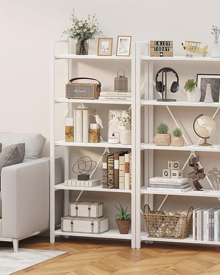 FATORRI 5 Tier Bookshelf, Metal and Wood Bookcase, Etagere Book Shelf for Display, Modern Shelving Unit Tall Book case for Home Office, Living Room, Bedroom (White Oak) - LeafyLoom