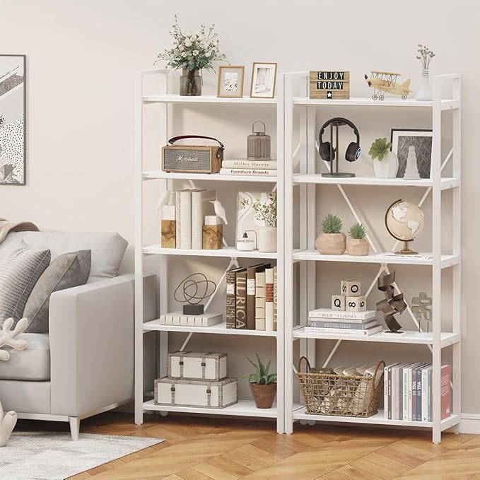 FATORRI 5 Tier Bookshelf, Metal and Wood Bookcase, Etagere Book Shelf for Display, Modern Shelving Unit Tall Book case for Home Office, Living Room, Bedroom (White Oak) - LeafyLoom