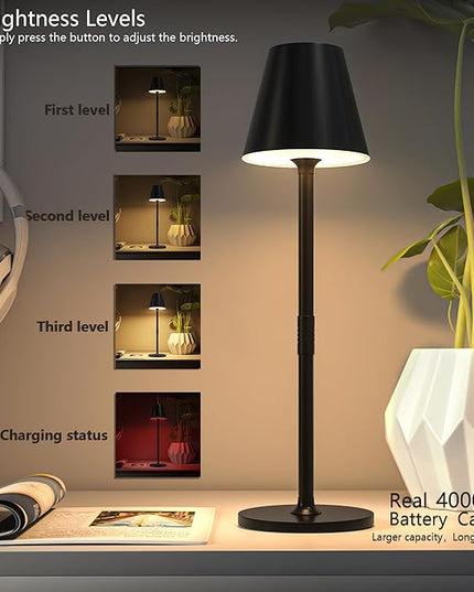 LED CordlessTable Lamp,4000mAh Rechargeable Battery Desk lamp,3 Level Brightness Beside Night Light, Minimalist Design, for Couple Dinner/Coffee Table/Restaurant/Bedroom(Black 4pack) - LeafyLoom