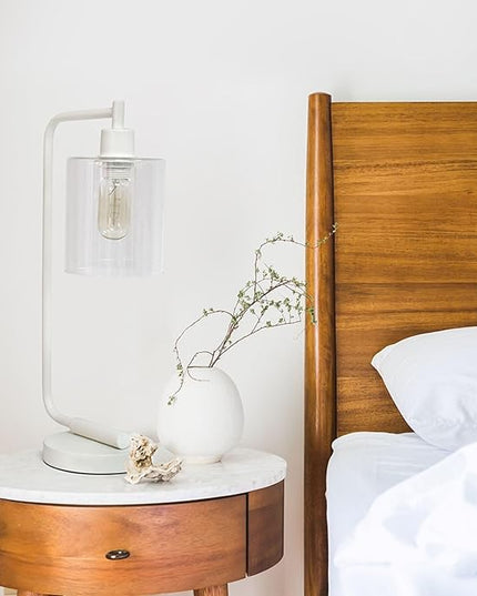 Simple Designs LD1036-WHT-LB 18.8" Industrial Bronson Antique Style Iron Lantern Desk Table Lamp with Glass Shade for Home Décor, Office, Living Room, Bedroom, White, with Feit LED Bulb Included - LeafyLoom