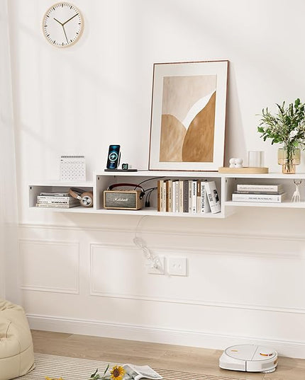 FABATO 59'' Floating TV Stand with LED Light Power Outlet, Floating Shelf for Under TV Wall Mount with Storage Shelf, Media Console Entertainment Center for Living Room, White - LeafyLoom
