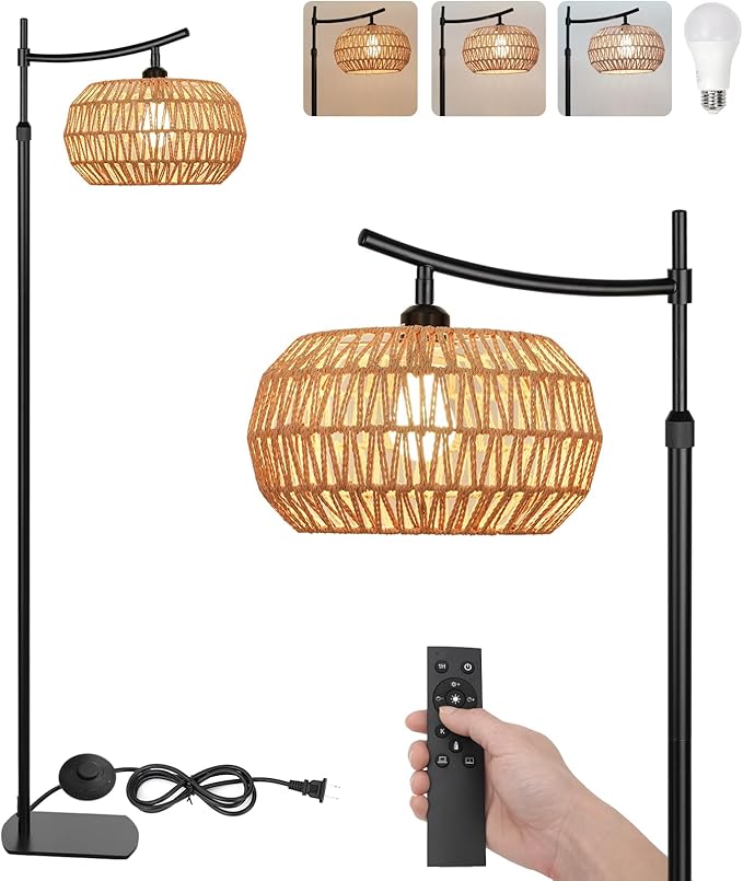 Arc Boho Farmhouse Black Floor Lamp, Standing Lamp with Rattan & Fabric Double Shade with Remote Control, Dimmable LED Bulb with 4 Color Temperature, Tall Pole for Living Room Bedroom Corner Office - LeafyLoom