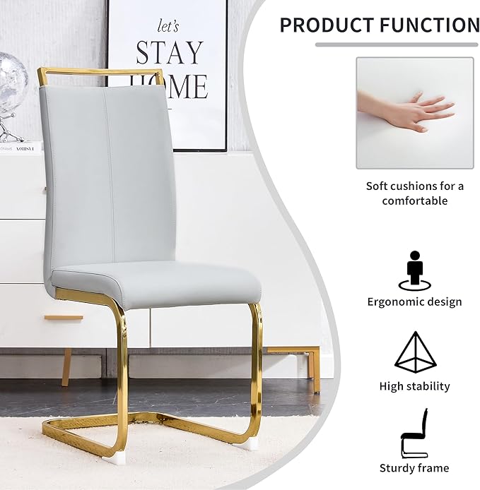 Modern Dining Chairs Set of 4, Side Dining Room Chairs with Gold Frame, Kitchen Chairs with Faux Leather Padded Seat High Back, Chairs for Dining Room, Kitchen, Living Room Light Grey - LeafyLoom