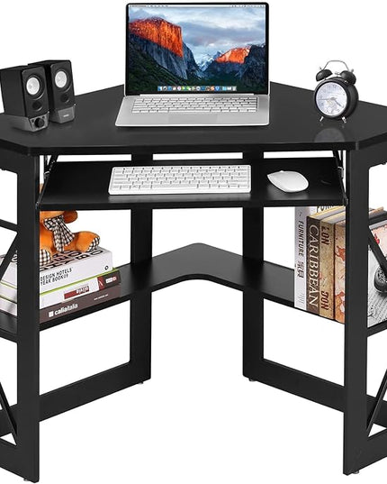 VECELO Corner Computer Desk Writing Smooth Keyboard Tray & Storage Shelves,Compact Home Office Triangle Table, Black - LeafyLoom
