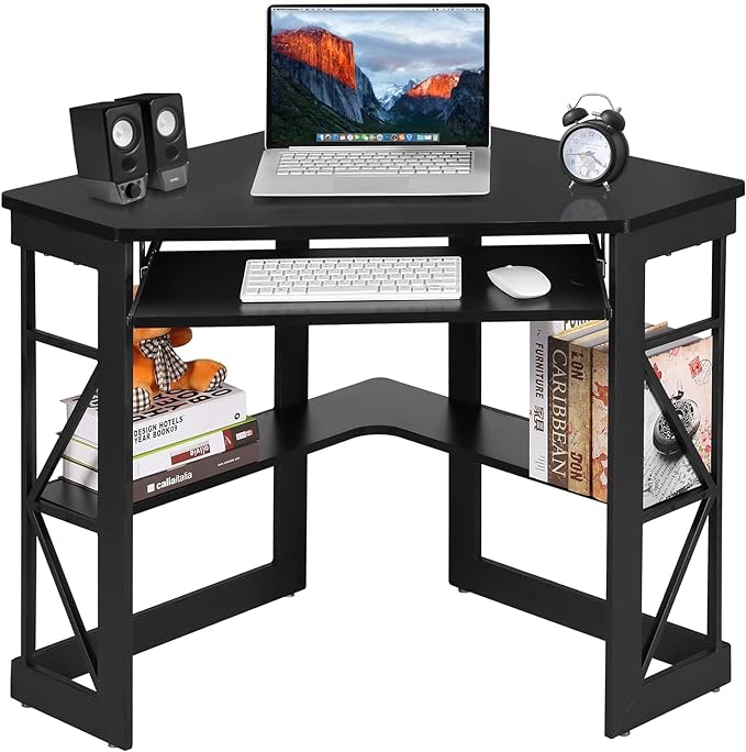 VECELO Corner Computer Desk Writing Smooth Keyboard Tray & Storage Shelves,Compact Home Office Triangle Table, Black - LeafyLoom