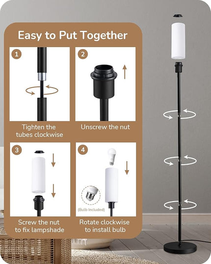 EDISHINE LED Corner Floor Lamp with Glass Lampshade, Modern Dimmable Reading Light with Remote, 65" Standing Tall Lamp for Living Room, Bedroom, Office, Bulb Included (Black) - LeafyLoom