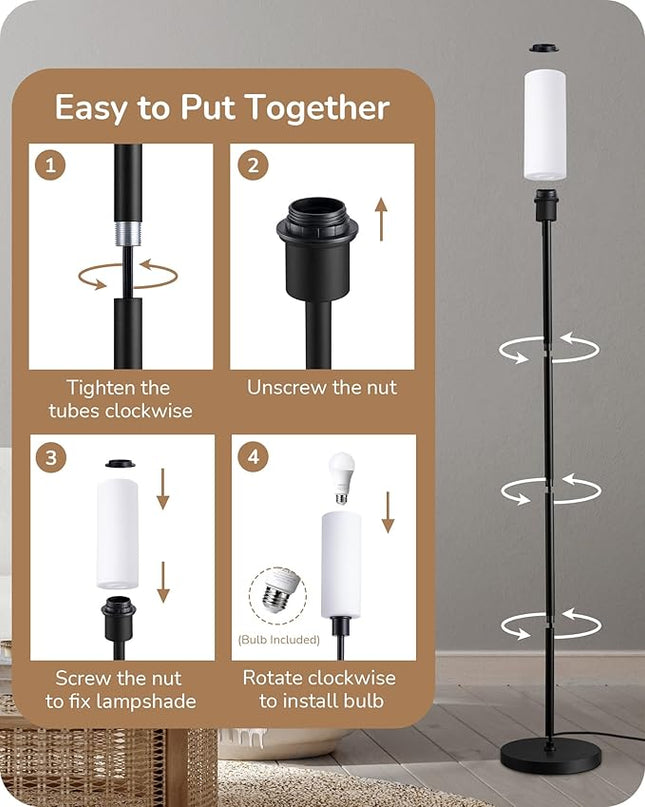 EDISHINE LED Corner Floor Lamp with Glass Lampshade, Modern Dimmable Reading Light with Remote, 65" Standing Tall Lamp for Living Room, Bedroom, Office, Bulb Included (Black) - LeafyLoom
