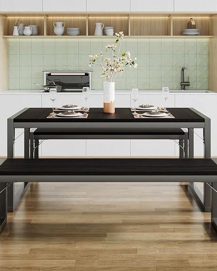 SHA CERLIN 3-Piece Dining Table Set with 2 Benches, Rustic Kitchen Table Set for 4-6, Space-Saving Dinette, Sturdy Structure, Easy Assemble, Black/Grey - LeafyLoom