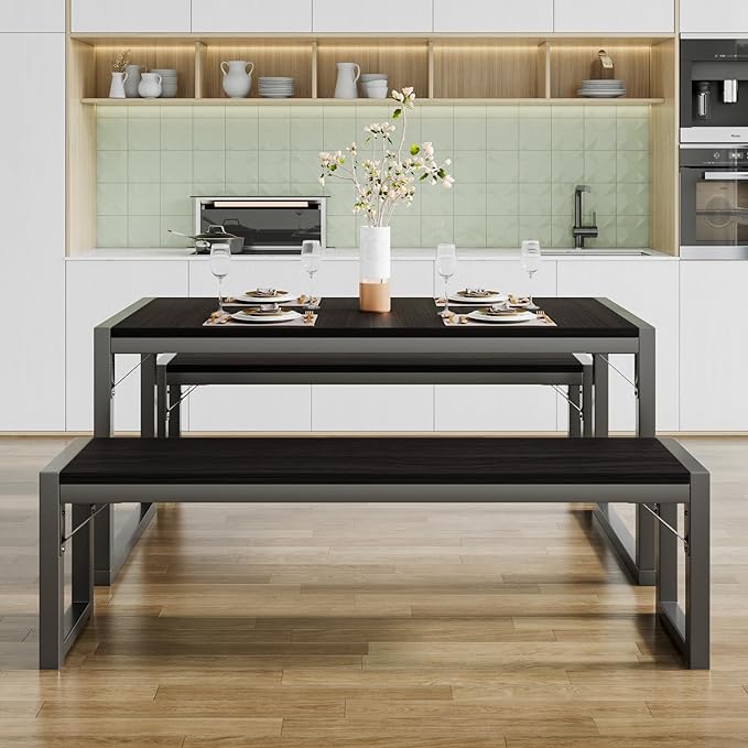 SHA CERLIN 3-Piece Dining Table Set with 2 Benches, Rustic Kitchen Table Set for 4-6, Space-Saving Dinette, Sturdy Structure, Easy Assemble, Black/Grey - LeafyLoom