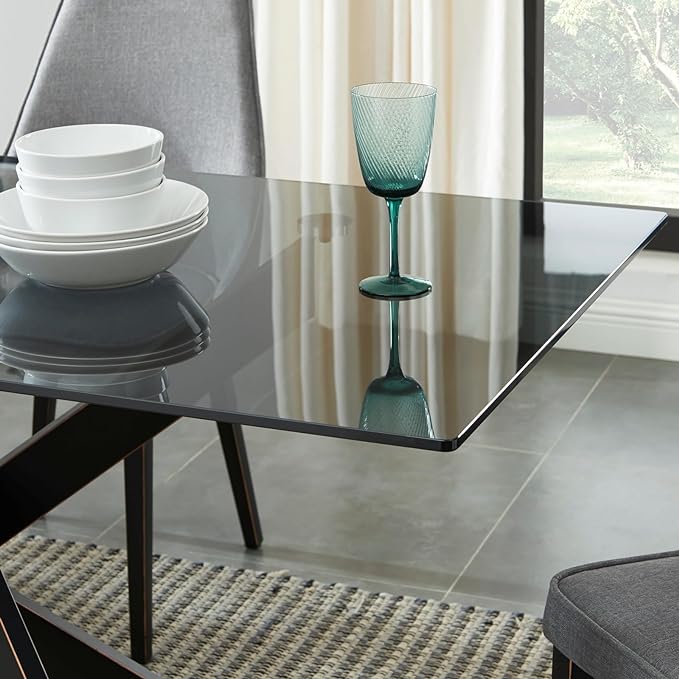 Modern Style Dining Table with Tempered Glass Top and Metal Tubular Legs, 58.5”Lx29”Wx30”H, Black - LeafyLoom