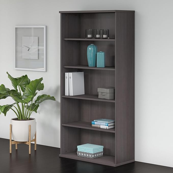 Bush Business Furniture Studio C Tall 5 Shelf Bookcase in Storm Gray, Large Bookshelf for Home or Professional Office - LeafyLoom