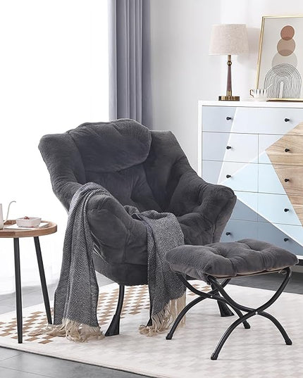LITA Lazy Chair with Ottoman, Modern Accent Leisure Upholstered Sofa Chair, Lounge Reading Chair with Armrests and a Side Pocket for Living Room, Bedroom & Small Space, Plush Navy - LeafyLoom