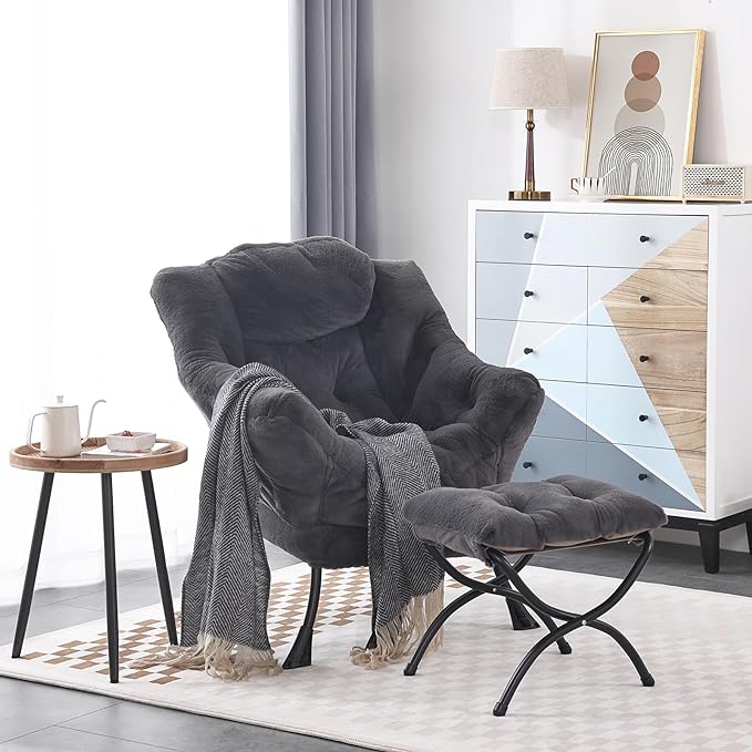 LITA Lazy Chair with Ottoman, Modern Accent Leisure Upholstered Sofa Chair, Lounge Reading Chair with Armrests and a Side Pocket for Living Room, Bedroom & Small Space, Plush Navy - LeafyLoom