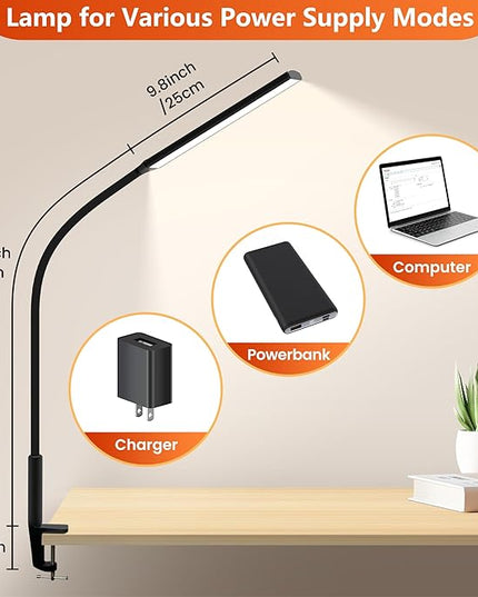 Desk Lamp with Clamp, Stepless Dimming Desk Lamps for Home Office Adjustable Desk Lamp Eye Caring Desk Light Office Lamp with USB Adapter for Working Drawing Sewing (Black) - LeafyLoom
