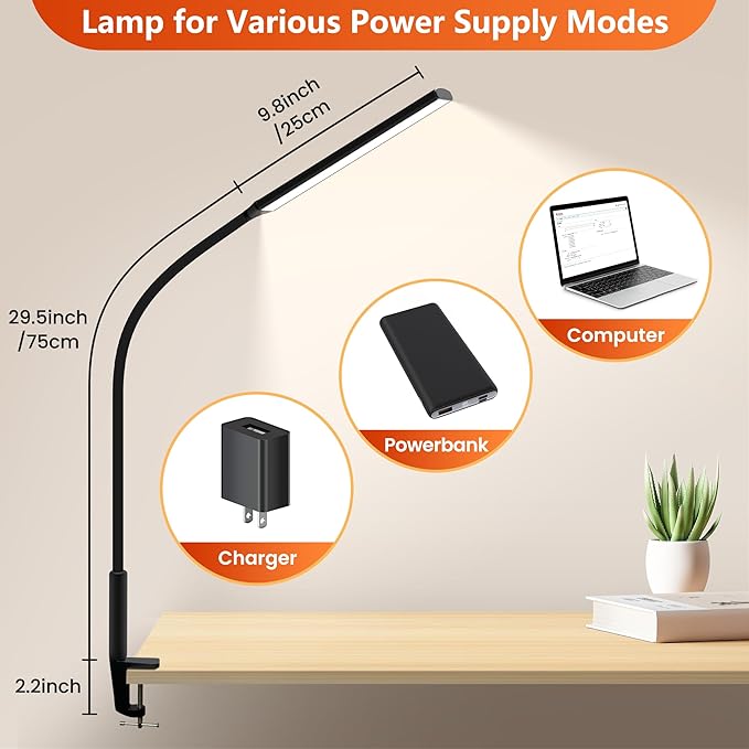 Desk Lamp with Clamp, Stepless Dimming Desk Lamps for Home Office Adjustable Desk Lamp Eye Caring Desk Light Office Lamp with USB Adapter for Working Drawing Sewing (Black) - LeafyLoom