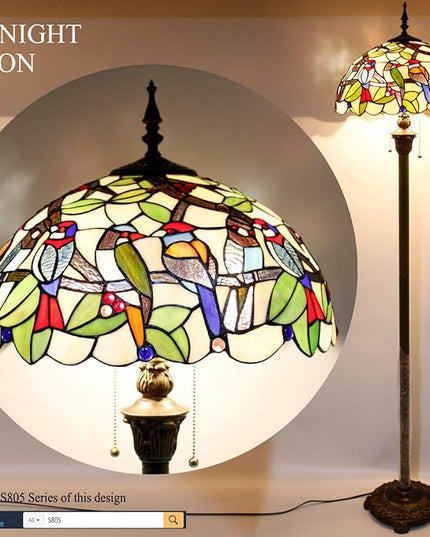 WERFACTORY Tiffany Floor Lamp Double Birds Amber Stained Glass Standing Reading Light 16X16X64 Inches Antique Pole Corner Lamp Decor Bedroom Living Room Home Office S805 Series - LeafyLoom