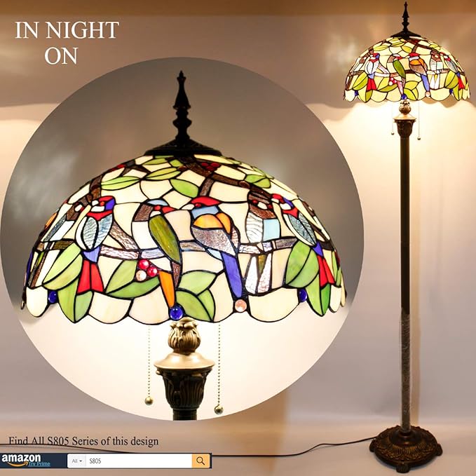 WERFACTORY Tiffany Floor Lamp Double Birds Amber Stained Glass Standing Reading Light 16X16X64 Inches Antique Pole Corner Lamp Decor Bedroom Living Room Home Office S805 Series - LeafyLoom
