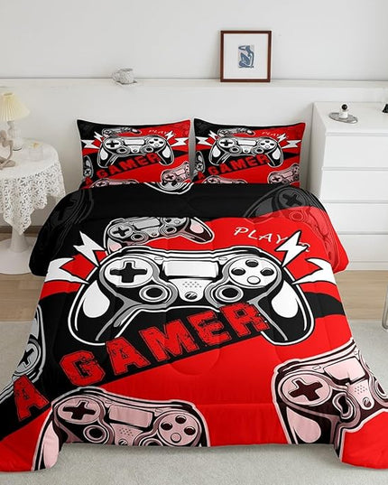 Erosebridal Gamer Comforter Sets for Boys Full Size,Gaming Bedding Sets for Boys Kids Teens Gamepad Gaming Comforter Set Game Room Decor,Red Black 3Pcs - LeafyLoom