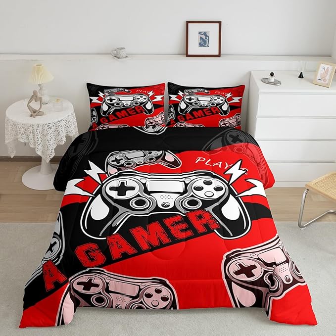 Erosebridal Twin Comforter Set for Boys Girls Kids,Gamer Comforter Sets for Boys Teens Video Game Bedding Set,Gaming Console Comforter Bedroom Decor Red Black 2Pcs - LeafyLoom