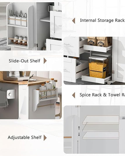 Kitchen Island with Storage, Rolling Table on Wheels w/3 Drawer, 2 Slide-Out Shelf and Internal Storage Spice&Tower Rack for Dinning Room - LeafyLoom