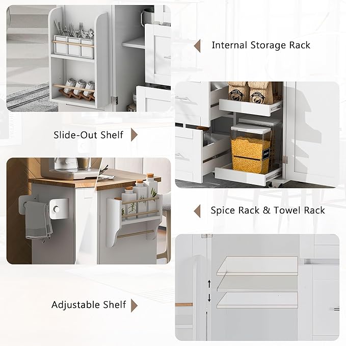 Kitchen Island with Storage, Rolling Table on Wheels w/3 Drawer, 2 Slide-Out Shelf and Internal Storage Spice&Tower Rack for Dinning Room - LeafyLoom