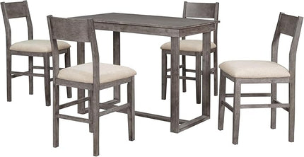 5 Piece Farmhouse Counter Height Dining, Wooden Set with 1 Rectangular Table and 4 Upholstered Chairs for Small Spaces Eat-in Kitchen, Gray - LeafyLoom