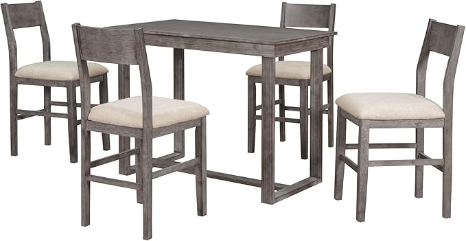 5 Piece Farmhouse Counter Height Dining, Wooden Set with 1 Rectangular Table and 4 Upholstered Chairs for Small Spaces Eat-in Kitchen, Gray - LeafyLoom