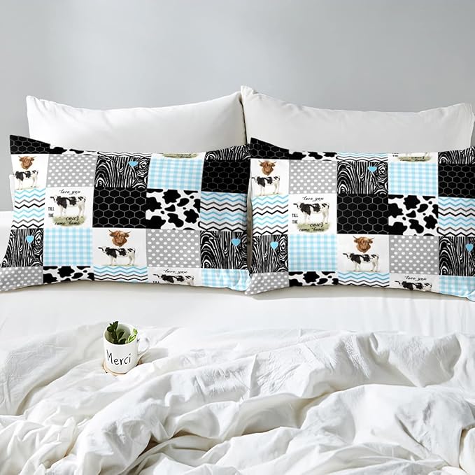 Erosebridal Kawaii Cow Print Comforter Set - Full Size, Blue Black Grey, 3 Pieces - LeafyLoom