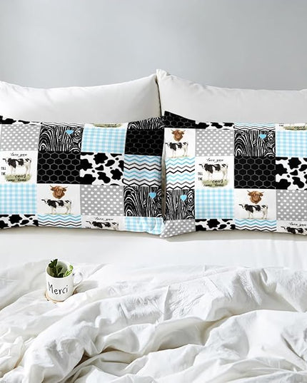 Cute Cow Print Comforter Set Twin Size Kawaii Highland Cow Bedding Set Bedroom Decor Honeycomb Plaid Pattern Geometric Stripes Down Comforter Cartoon Farm Animals Duvet Set, Blue Black Grey - LeafyLoom